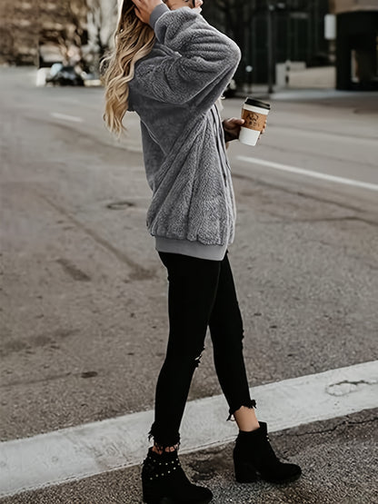 Comfortable Grey Sherpa Hoodie for Women with Quarter Zip Long Sleeve Relaxed Oversized Knit Style