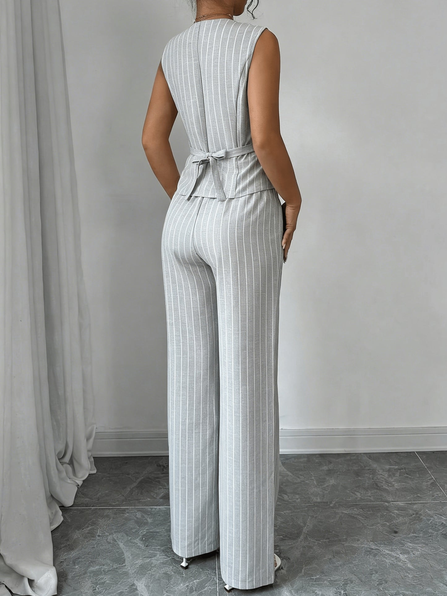 Elegant Grey Pinstripe Two Piece Set for Women with V Neck Button Front Vest Wide Leg Pant Formal Style