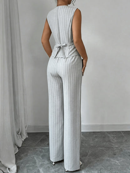 Elegant Grey Pinstripe Two Piece Set for Women with V Neck Button Front Vest Wide Leg Pant Formal Style