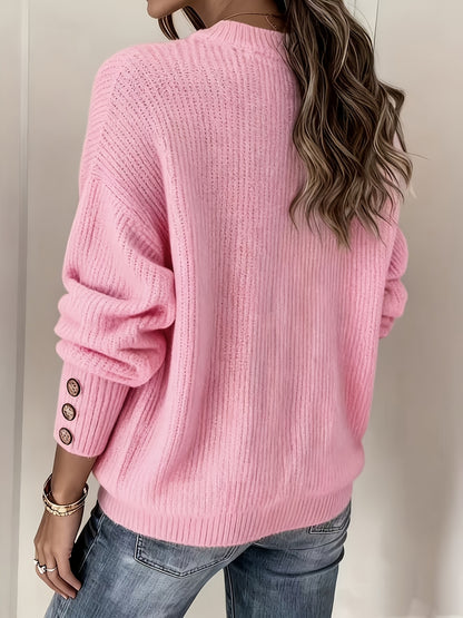 Comfortable Ribbed Knit Sweater for Women with Crew Neck Long Sleeve Button Cuff Relaxed Oversized Style