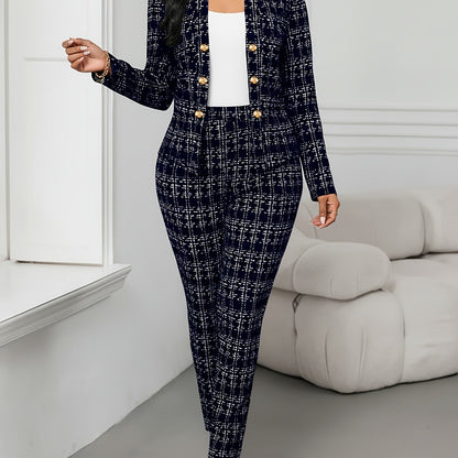 Elegant Plaid Tweed Two Piece Set for Women with Stand Collar Double Breasted Jacket Tailored Pant Formal Style