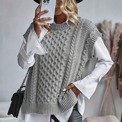 Comfortable Cable Knit Sweater Vest for Women with Crew Neck Sleeveless Oversized Relaxed Knit Style