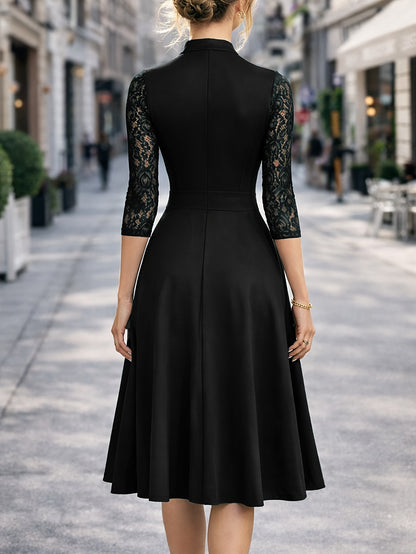 Elegant Lace Midi Dress for Women with V Neck Elbow Sleeve Fit and Flare Cocktail Style