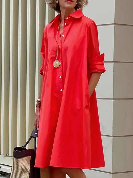 Elegant Red Shirt Dress for Women with Collar Long Sleeve A Line Relaxed Style