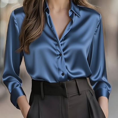 Elegant Satin Blouse for Women with Collar Long Sleeve Button Front Relaxed Silky Style