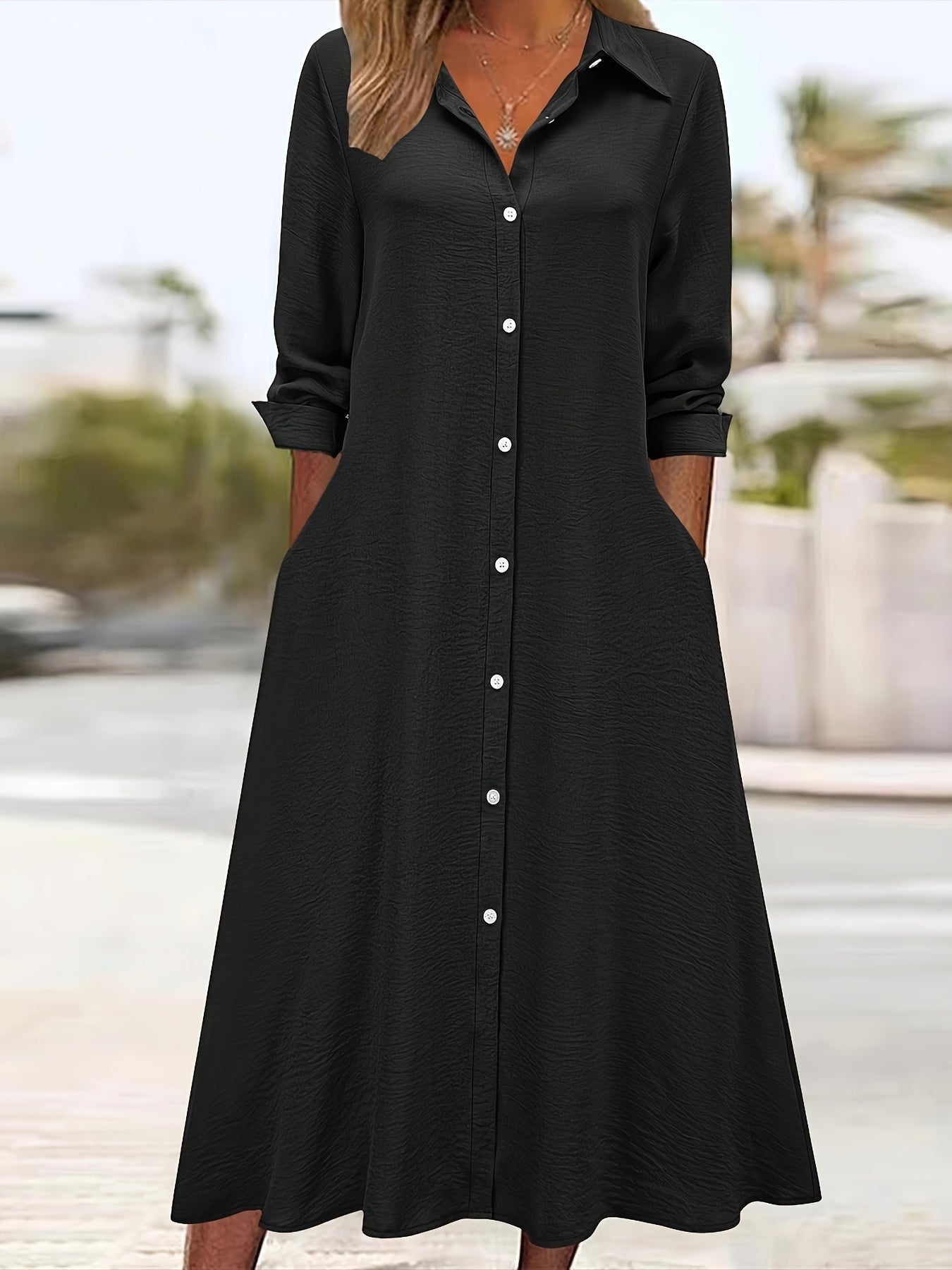 Effortless Shirt Dress for Women with Collar Long Sleeve Button Front Flowing Style