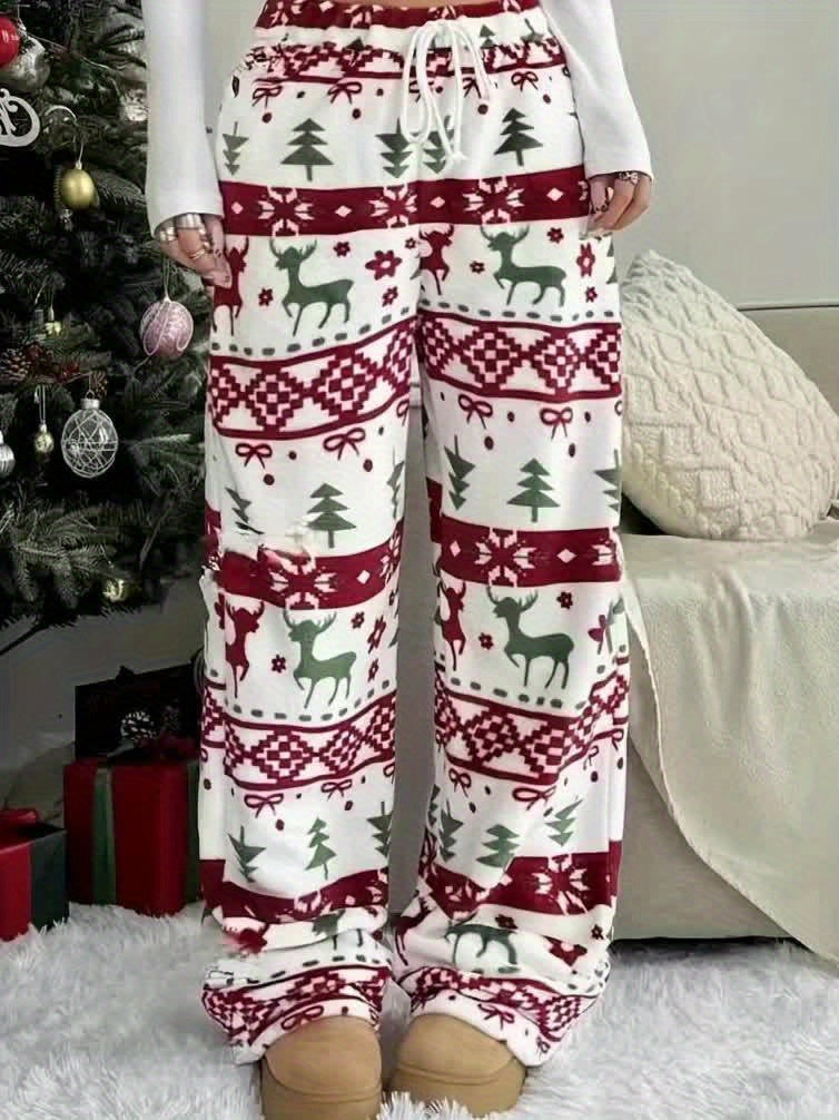 Comfortable Printed Fleece Pajama Pants for Women with High Waist Drawstring Wide Leg Cozy Style