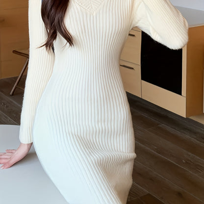 Elegant Ribbed Sweater Mini Dress for Women with V Neck Long Sleeve Bodycon Knit Style