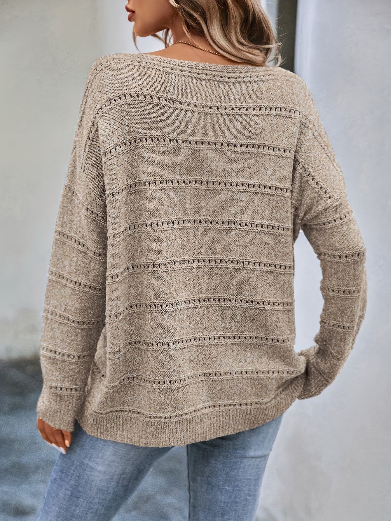 Comfortable Striped Pointelle Sweater for Women with Boat Neck Long Sleeve Drop Shoulder Oversized Knit Style