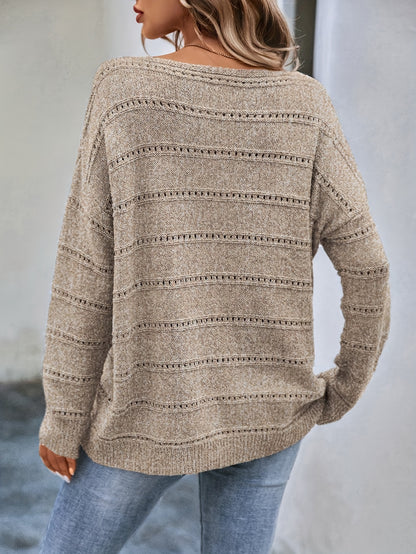 Comfortable Striped Pointelle Sweater for Women with Boat Neck Long Sleeve Drop Shoulder Oversized Knit Style