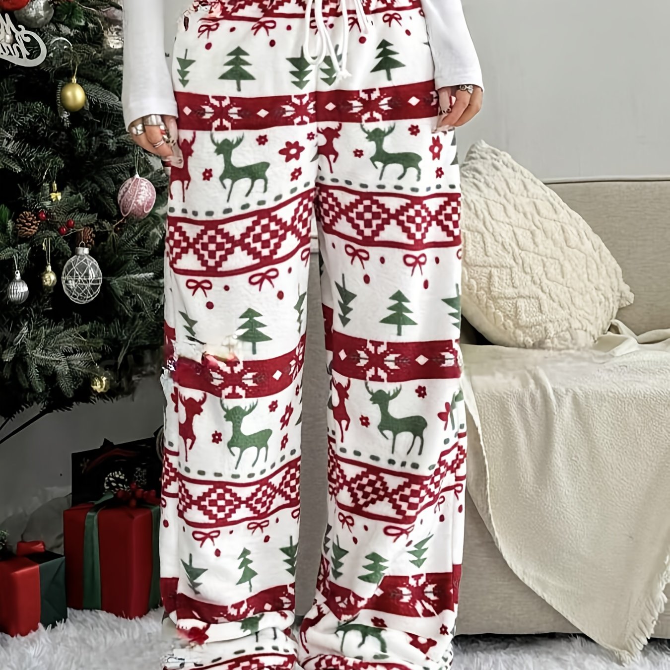 Comfortable Printed Fleece Pajama Pants for Women with High Waist Drawstring Wide Leg Cozy Style