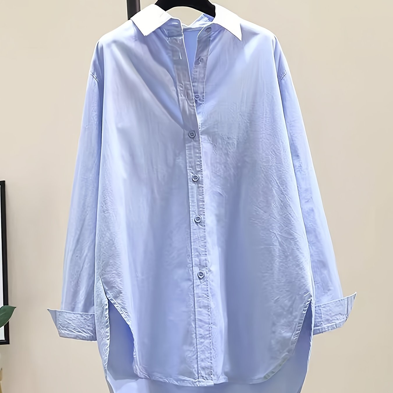 Effortless Oversized Blouse for Women with Point Collar Long Sleeve High Low Curved Hem Relaxed Style