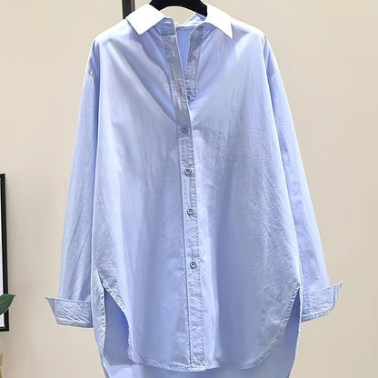 Effortless Oversized Blouse for Women with Point Collar Long Sleeve High Low Curved Hem Relaxed Style