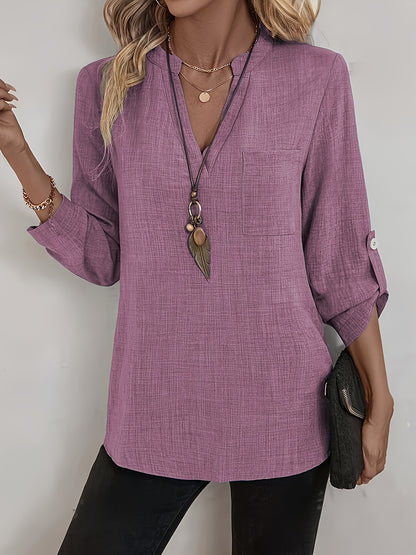 Effortless Linen Blouse for Women with V Neck Roll Tab Sleeve Relaxed Tunic Boho Style