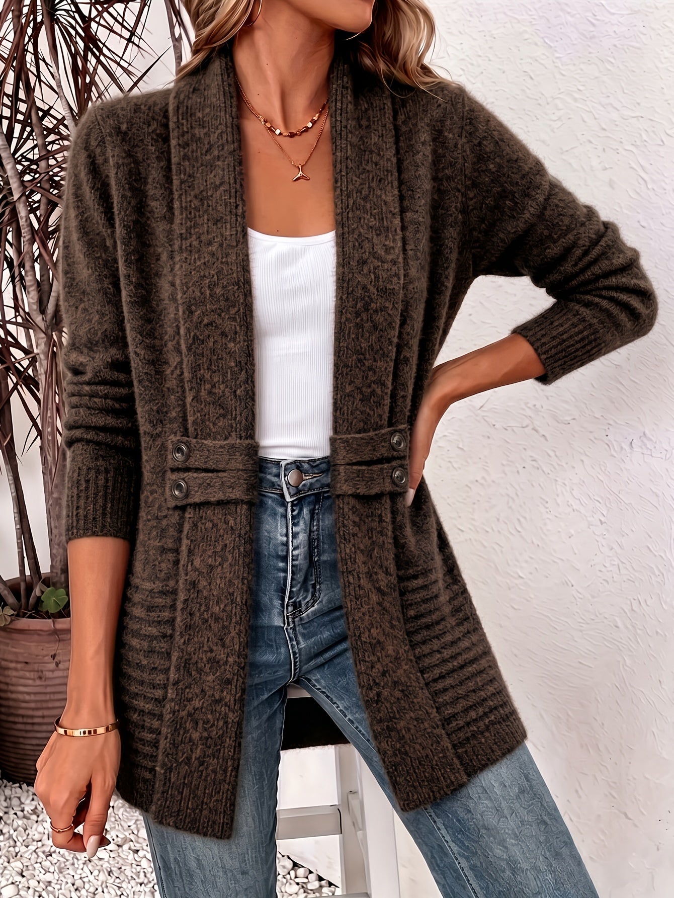 Comfortable Ribbed Cardigan Sweater for Women with Shawl Collar Long Sleeve Button Tab Oversized Knit Style
