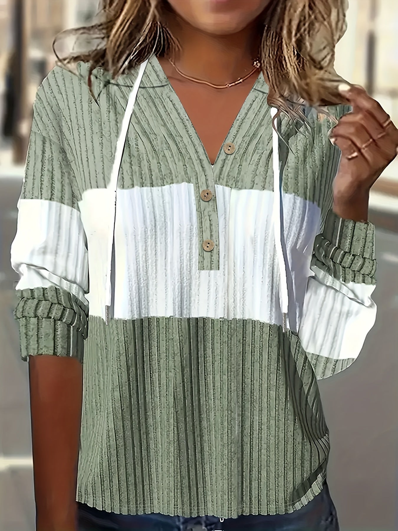Comfortable Green Ribbed Knit Hoodie for Women with V Neck Long Sleeve Button Placket Relaxed Style