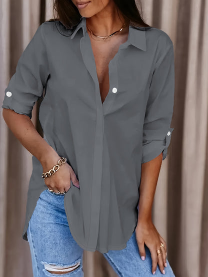 Effortless Blouse for Women with Collar Long Sleeve Button Front Relaxed Oversized Style