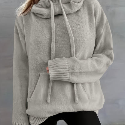Comfortable Knit Sweater for Women with Cowl Neck Long Sleeve Drawstring Oversized Relaxed Style