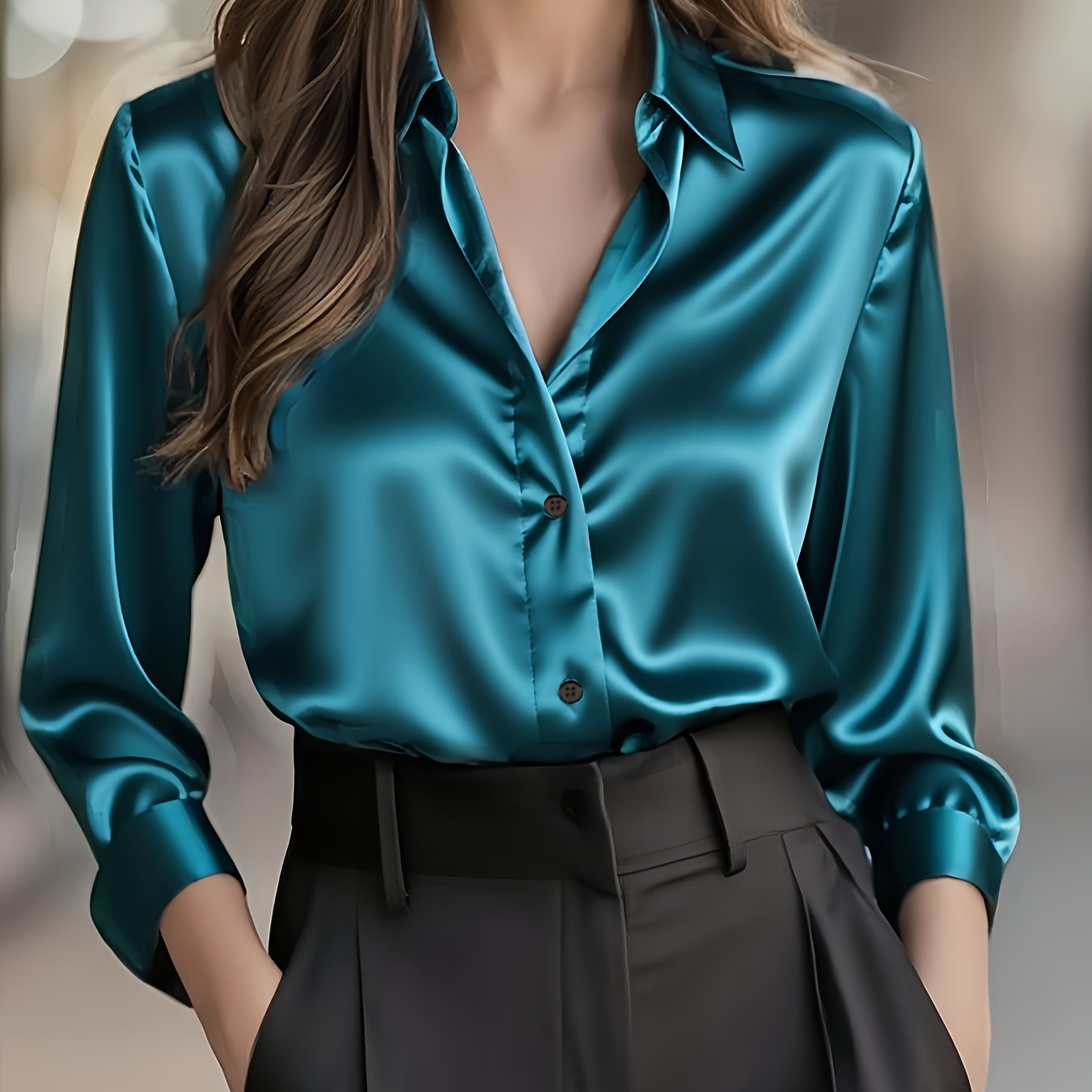 Elegant Satin Blouse for Women with Collar Long Sleeve Button Front Relaxed Silky Style