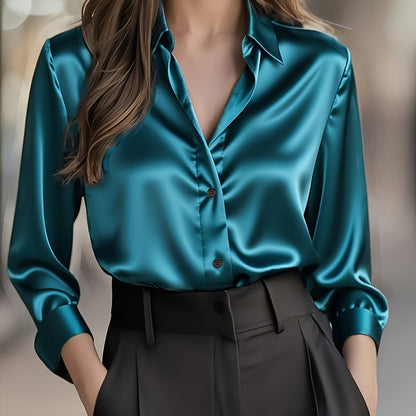 Elegant Satin Blouse for Women with Collar Long Sleeve Button Front Relaxed Silky Style