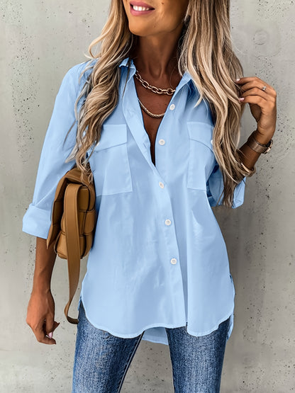 Effortless Utility Blouse for Women with Collar Long Sleeve Button Front Patch Pocket Relaxed Style