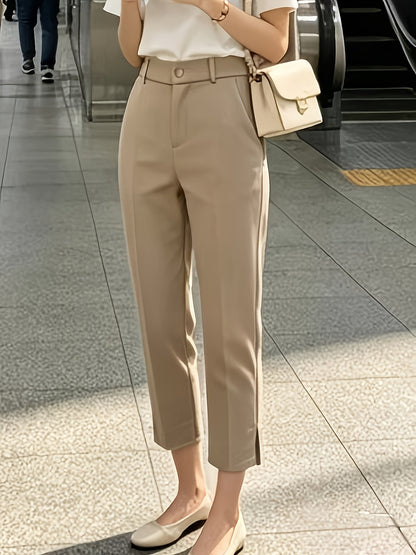 Elegant Tailored Dress Pants for Women with High Waist Button Front Side Slit Cropped Style