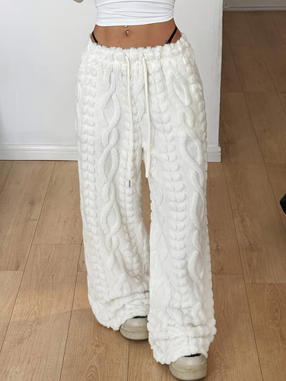 Comfortable White Cable Knit Fleece Pants for Women with High Waist Drawstring Wide Leg Relaxed Style