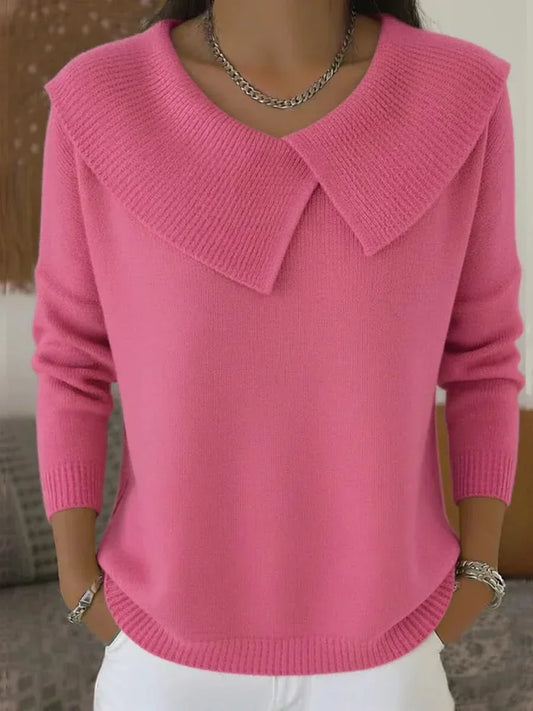 Comfortable Knit Sweater for Women with V Neck Long Sleeve Oversized Collar Relaxed Style