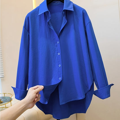 Effortless Oversized Blouse for Women with Point Collar Long Sleeve High Low Curved Hem Relaxed Style