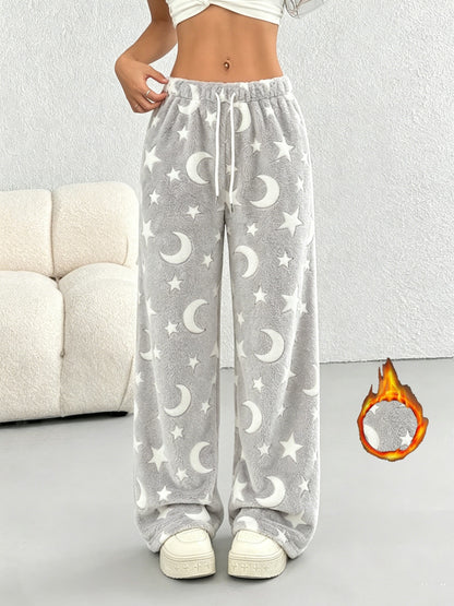Comfortable Star Print Fleece Pajama Pants for Women with High Waist Drawstring Wide Leg Relaxed Style