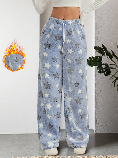 Comfortable Star Print Fleece Pajama Pants for Women with High Waist Drawstring Wide Leg Relaxed Style