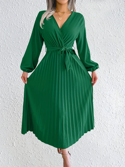 Elegant Pleated Wrap Maxi Dress for Women with V Neck Bishop Sleeve Belted Flowing Style