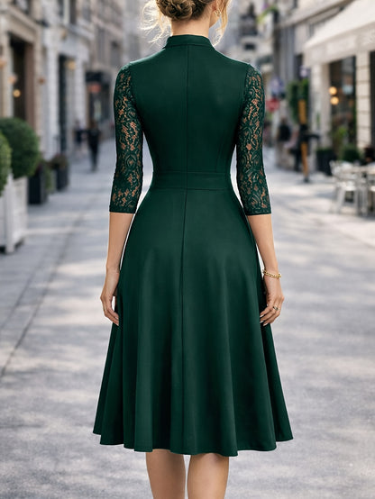 Elegant Lace Midi Dress for Women with V Neck Elbow Sleeve Fit and Flare Cocktail Style