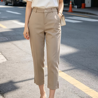 Elegant Tailored Dress Pants for Women with High Waist Button Front Side Slit Cropped Style