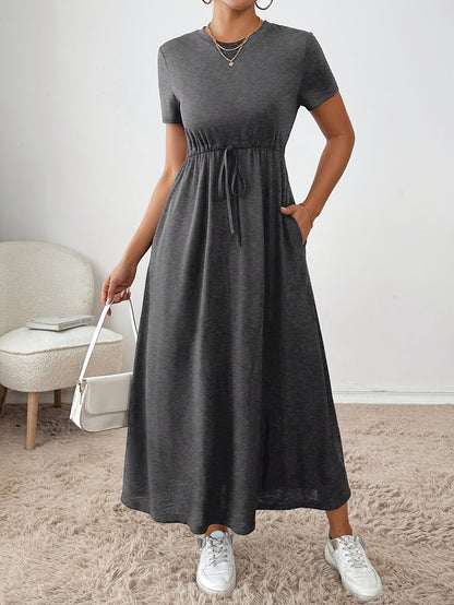 Effortless Drawstring Maxi Dress for Women with Round Neck Short Sleeve Cinched Waist Flowing Casual Style