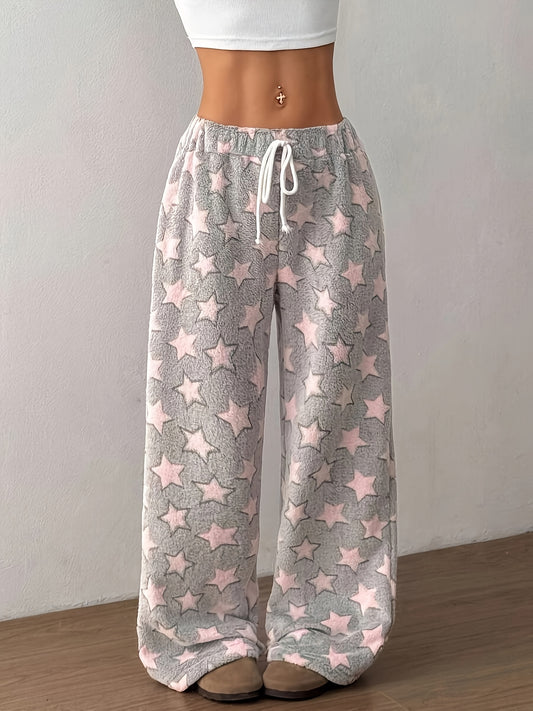 Comfortable Grey Star Print Fleece Pajama Pants for Women with High Waist Drawstring Wide Leg Cozy Style