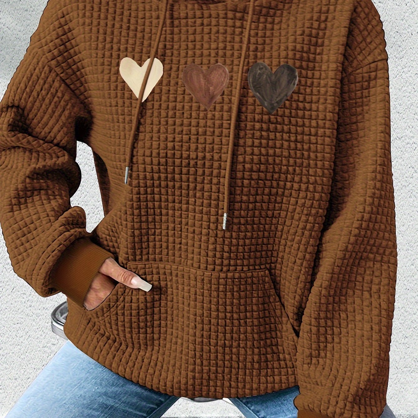 Effortless Heart Print Waffle Knit Hoodie for Women with Drawstring Hood Long Sleeve Oversized Relaxed Style