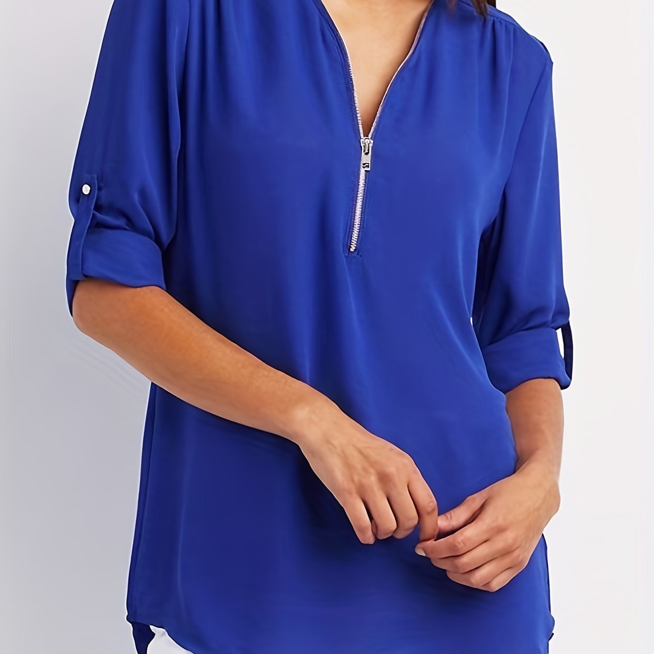 Effortless Chiffon Blouse for Women with V Neck Zip Front Roll Tab Sleeve Relaxed Style