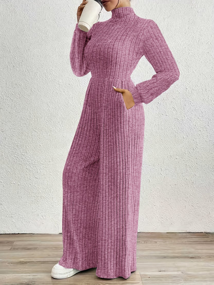 Elegant Ribbed Knit Jumpsuit for Women with Mock Neck Long Sleeve Wide Leg Casual Style