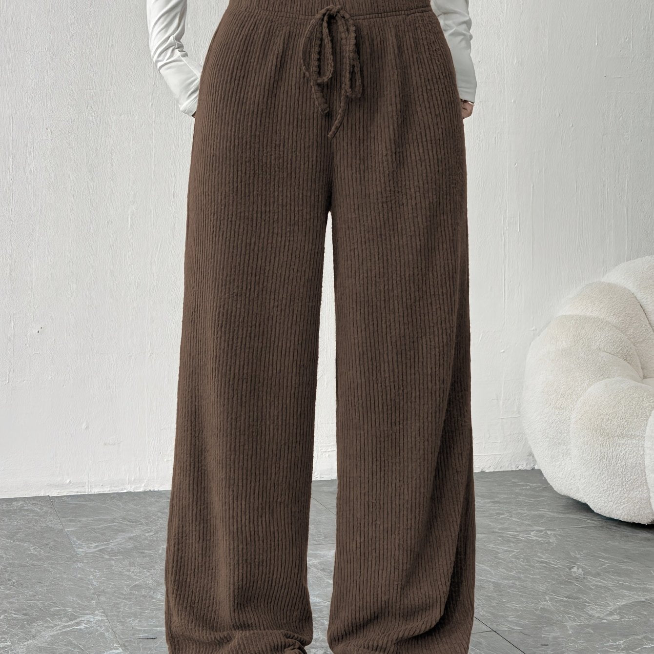 Effortless Ribbed Knit Wide Leg Pants for Women with High Waist Drawstring Relaxed Casual Style