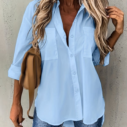 Effortless Button Front Blouse for Women with Collar V Neck Long Sleeve Relaxed Style
