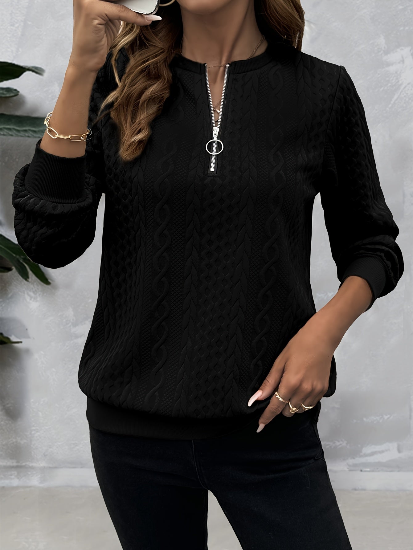 Comfortable Cable Knit Sweater for Women with Quarter Zip Mock Neck Long Sleeve Relaxed Casual Style