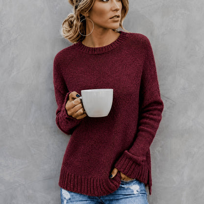Comfortable Knit Sweater for Women with Crew Neck Bell Sleeve Side Slit Oversized Style