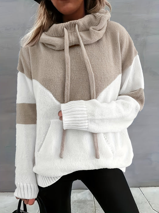 Comfortable Colorblock Sweater for Women with Cowl Neck Long Sleeve Drawstring Oversized Knit Style