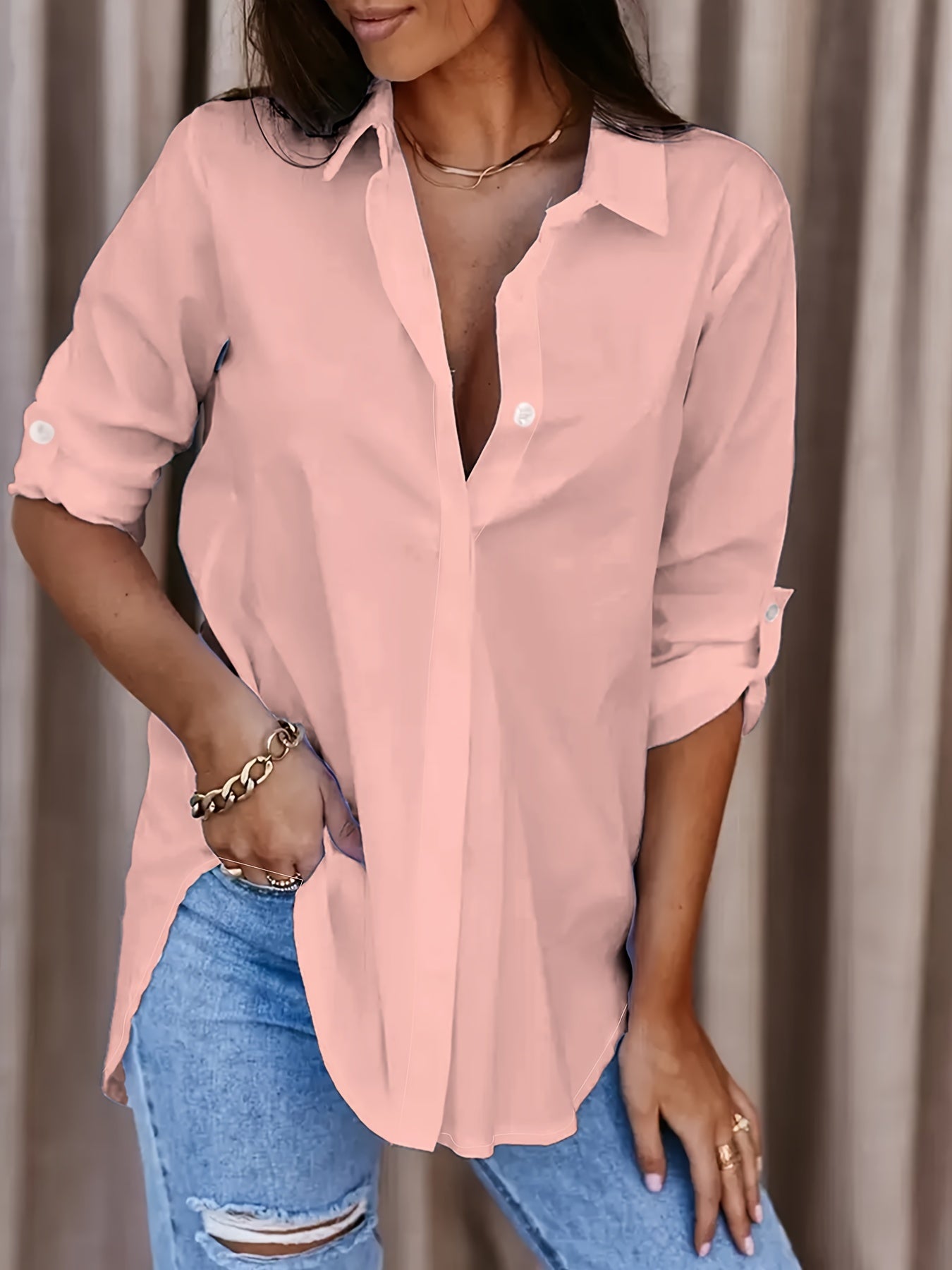 Effortless Blouse for Women with Collar Long Sleeve Button Front Relaxed Oversized Style