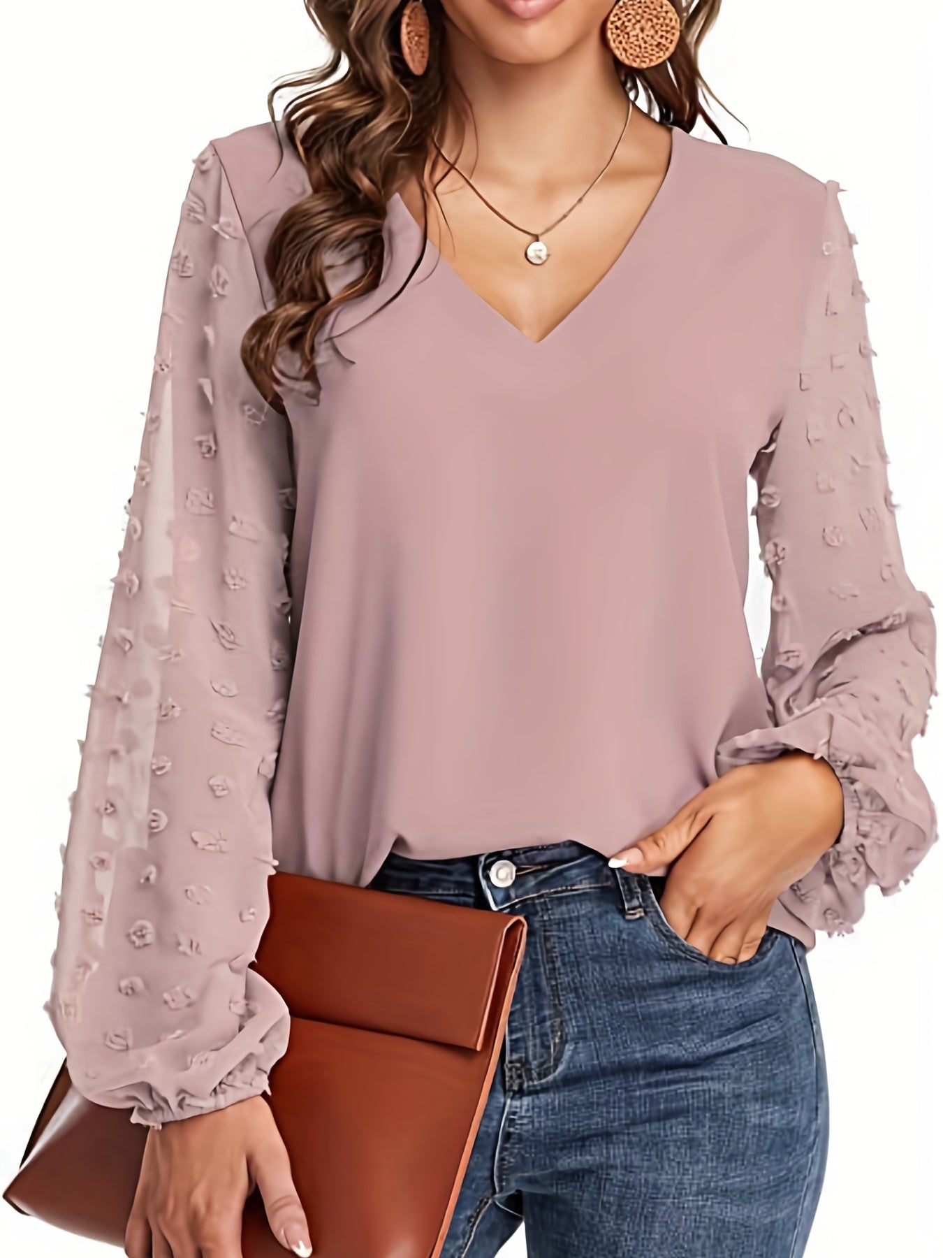 Elegant Swiss Dot Blouse for Women with V Neck Balloon Sleeve Relaxed Silky Style