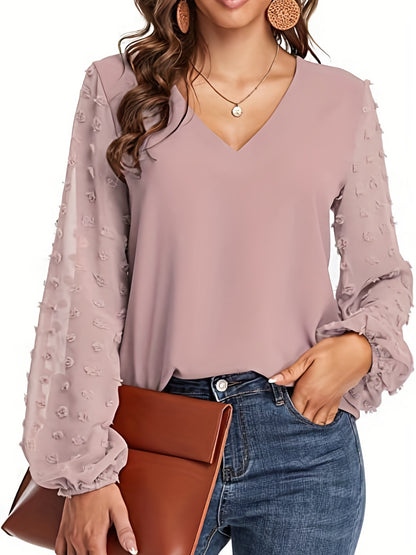 Elegant Swiss Dot Blouse for Women with V Neck Balloon Sleeve Relaxed Silky Style