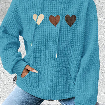 Effortless Heart Print Waffle Knit Hoodie for Women with Drawstring Hood Long Sleeve Oversized Relaxed Style