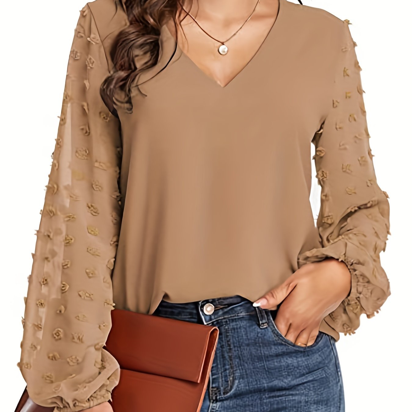 Elegant Swiss Dot Blouse for Women with V Neck Balloon Sleeve Relaxed Silky Style