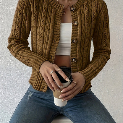 Comfortable Cable Knit Cardigan Sweater for Women with Round Neck Long Sleeve Button Front Cropped Relaxed Style